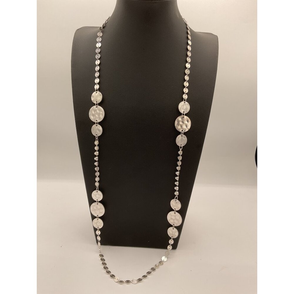 Long Silver Tone Metal Disc Faux Pearl Necklace With Adjustable Chain